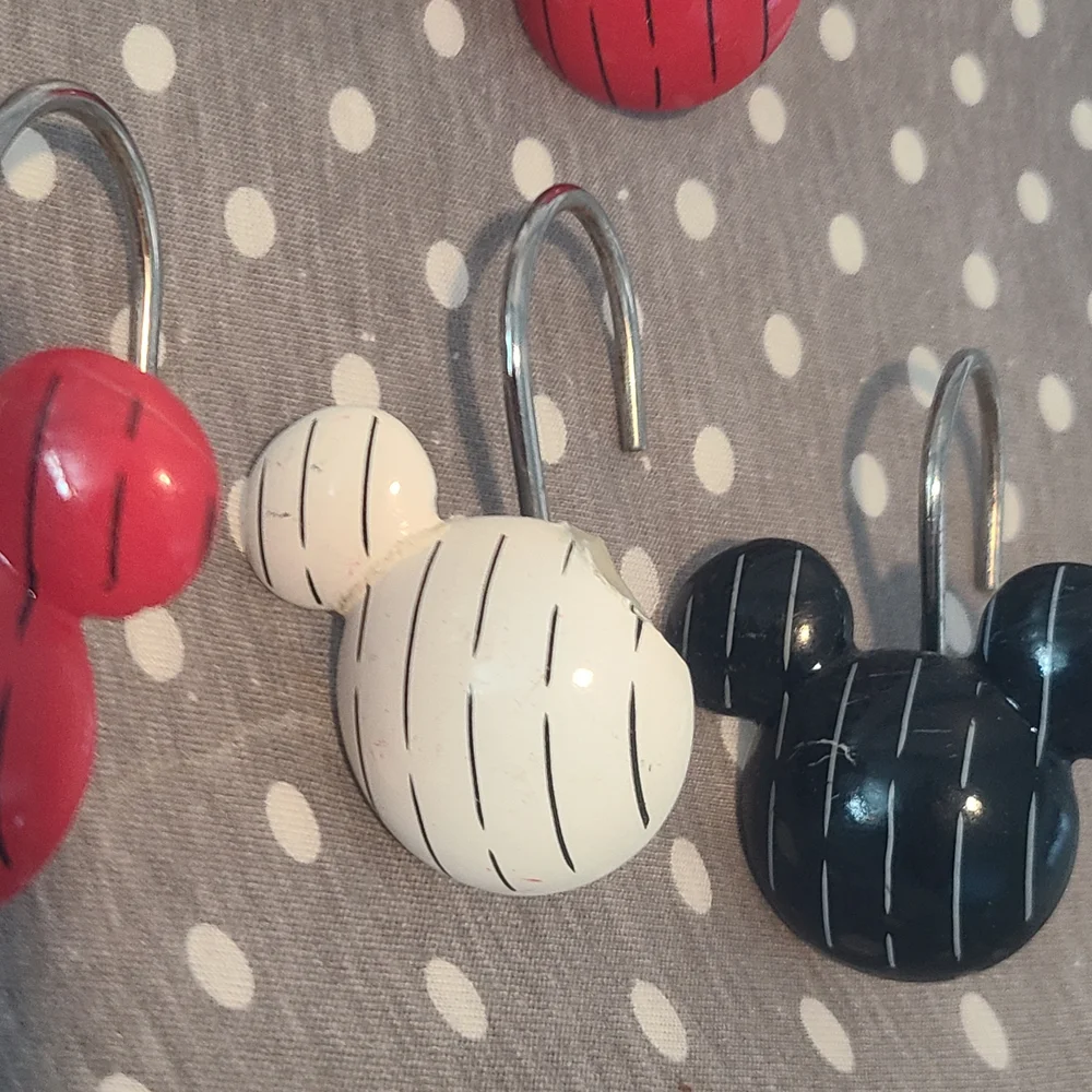 Mickey Mouse Ears Shower Curtain Hooks Stripe Colors Red, Black, White set of 12